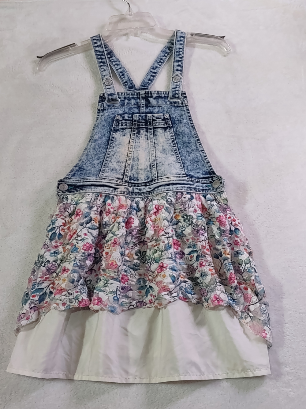 Jordache Acid-Wash Denim Pinafore Dress with Floral Skirt - Blue & Multi